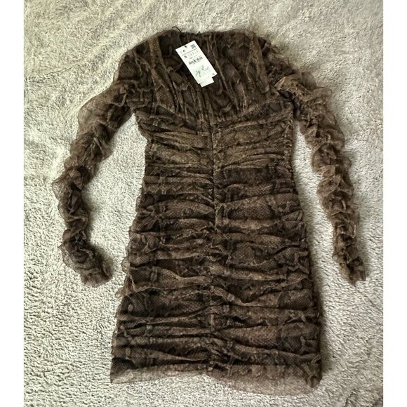 Zara Dress Draped Tulle Mini Long Sleeve in Snakeskin Brown Size S New - Picture 14 of 16
